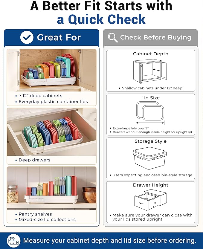 EVERIE Expandable Food Container Lid Organizer for Cabinet, Fits 12-Inch Deep or Deeper Cabinets , Adjustable 13.4" to 20.5", 8 Adjustable Dividers for lids , Drawer, Pantry and Kitchen Storage