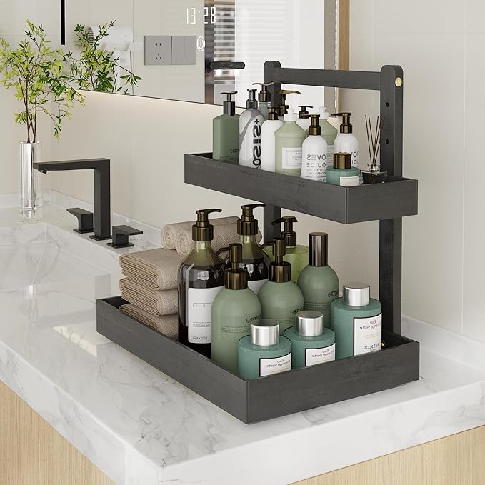 Bamboo Under Sink Storage 2 Tier Pull Out Cabinet Organizer Slide Out Under Sink Storage Shelf Undersink Organizers Shelves for Kitchen Bathroom Organization (Black, 2 Packs)
