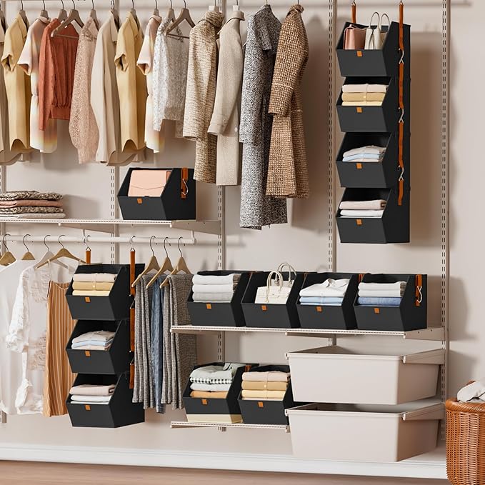 Homsorout Hanging Closet Organizer 4 Tier - Clothes Hanging Shelves, Space-Saving Closet System, Fabric Storage Bins Bedroom Organization, Collapsible Baskets for Home, Dorm, Rv, Black