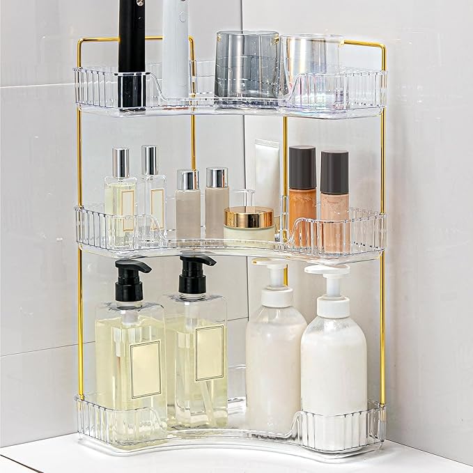 Corner Bathroom Counter Organizer Bathroom Countertop Shelf Makeup Organizer for Vanity Perfume Tray for Corner Storage (3 Tiers, White)