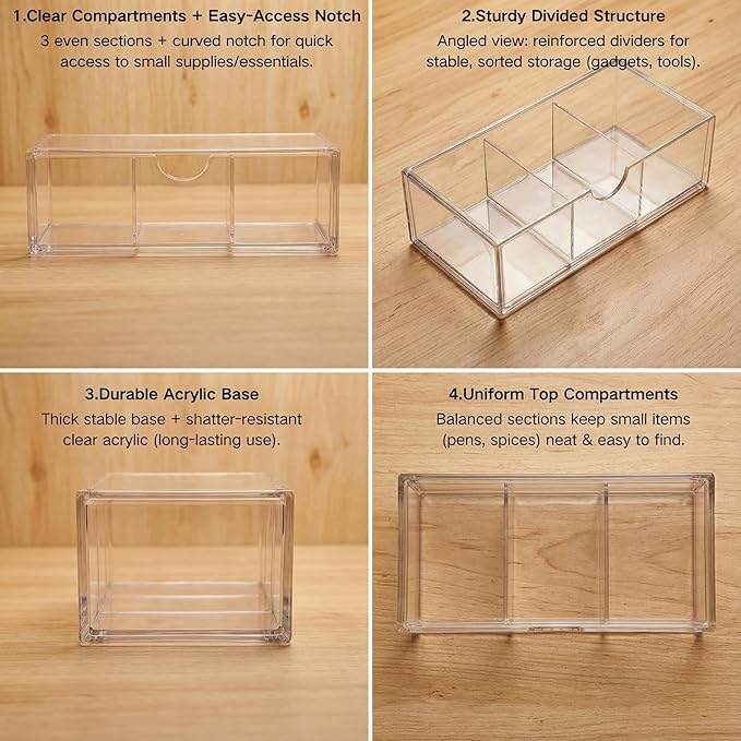 2-Layer Clear Acrylic Vanity Organizer with Adjustable Dividers, Stackable 3-Compartment Storage Box for Makeup, Hair Accessories, Skincare, Bathroom, Desk - 8.07" x 3.94" x 2.76"