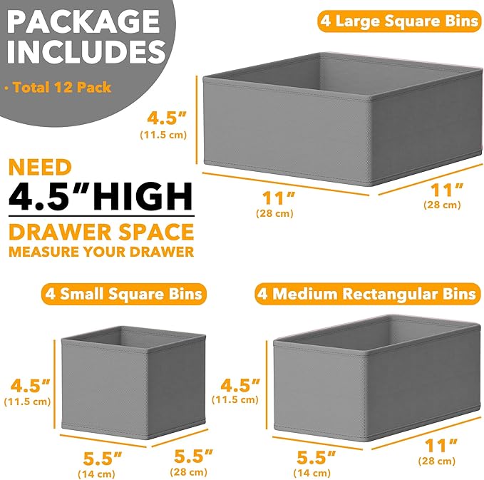 Drawer Organizer Clothes, 12 Pack Dresser Organizer Bins for Nursery, Grey