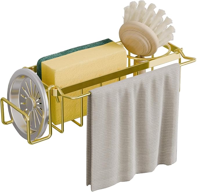 Sponge Holder with Strong Suction Cup, Stoppers & Scrapers -Gold