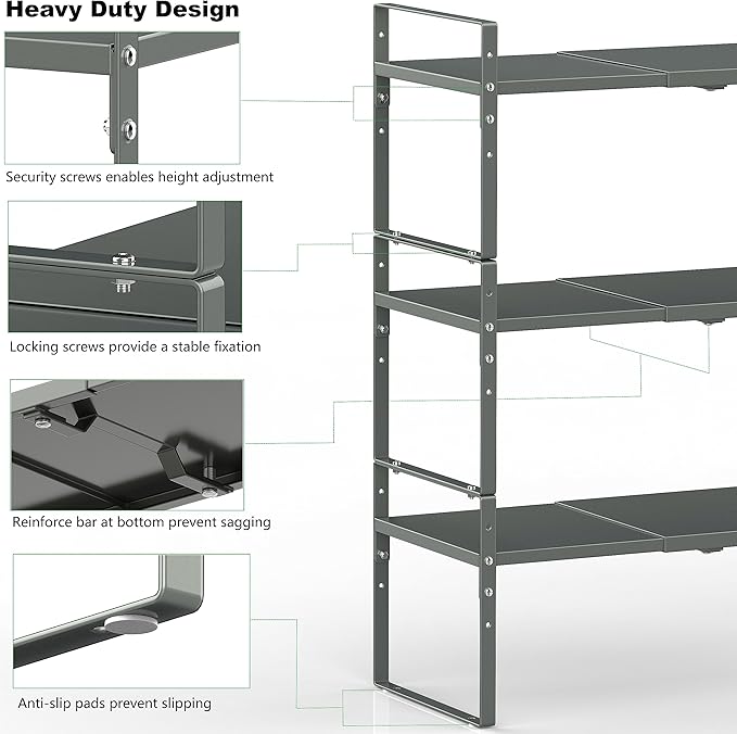 Jojocross Expandable Stackable Spice Rack Cabinet Shelf Organizer in Cabinets Shelves Kitchen Cupboard Organization Stack up Racks Pantry Countertop Storage (Gray, Medium 2 Packs)