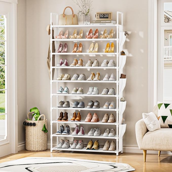 LUKYTOWER Tall Shoe Rack 10 Tier Shoe Racks Organizer for Closet 40-45Pairs,Large Capacity Storage Rack for Shoes with 5Hooks,Sturdy Shoe Shelf, Vertical Shoe Stand Tower