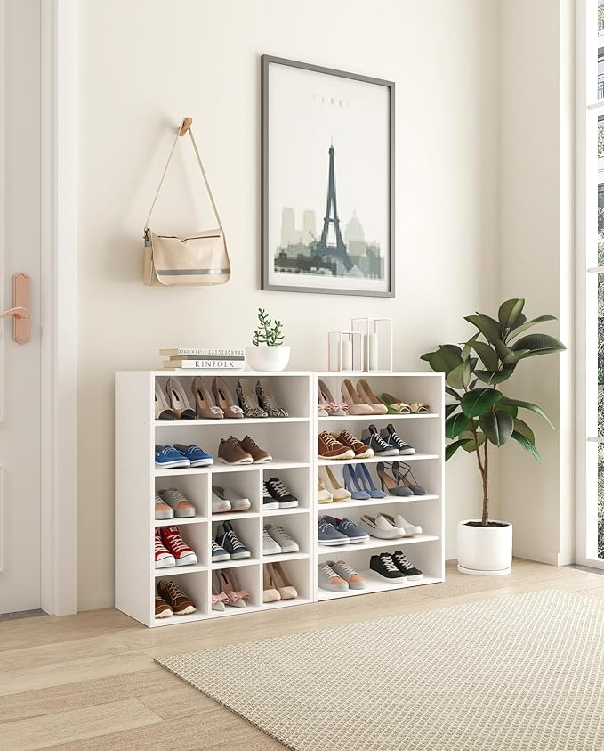 HAIOOU Shoe Cubby, 9-Cube Stackable Wood Shoe Rack Organizer 5-Tier Freestanding Wooden Shoe Stand with 2 Storage Shelf for 10-15 Pairs, Ideal for Apartment, Entryway, Closet Organization - White