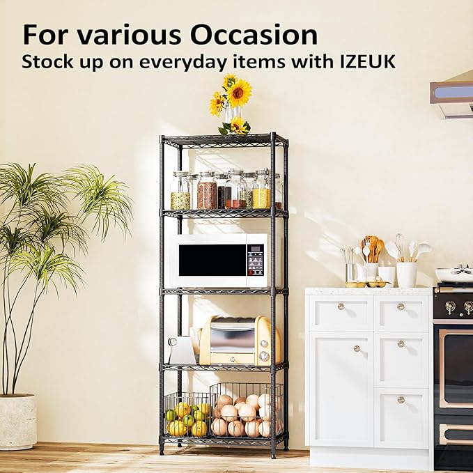 IZEUK 5-Shelf Adjustable Steel Wire Storage Shelving Unit, 13.7" D x 23.6" W x 63" H, 1250 lbs, Black, Heavy Duty Metal Storage Rack for Home & Garage Shelving Organizer