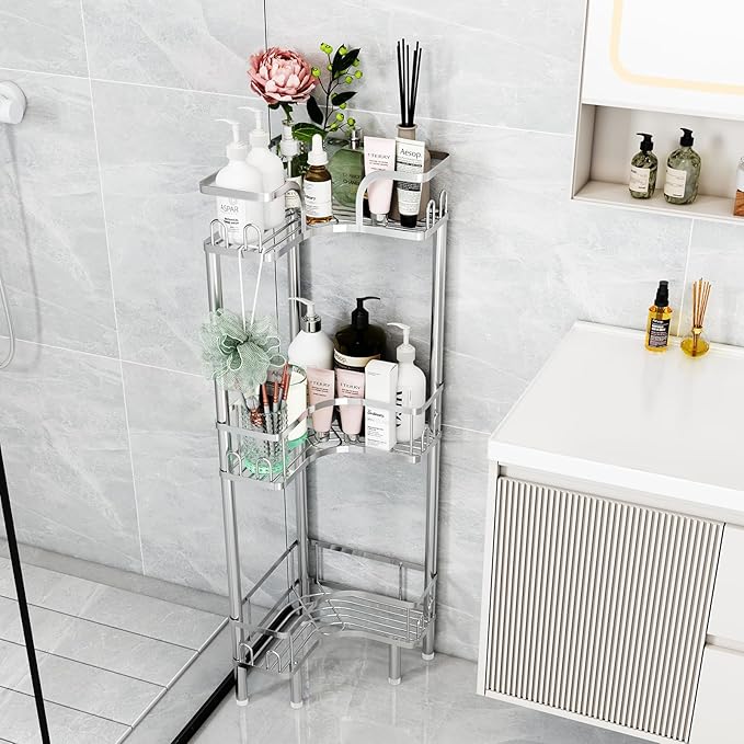 Standing Shower Corner Caddy, 3-Tier Stainless Steel Material Shower Organizer with 12 Hooks - Space Saving Corner Shelf with Adjustable Feet for Bathroom, Compact Spaces(Sliver, 3 Tiers)