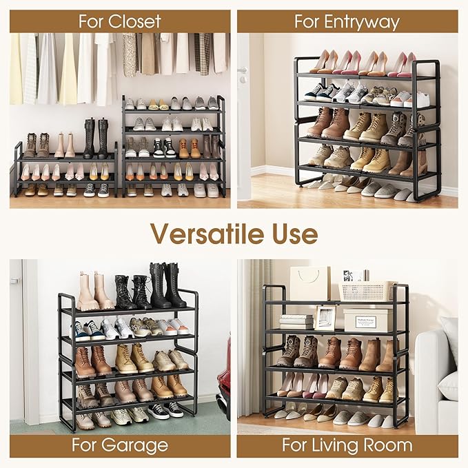 Expandable Shoe Rack for Closet, Black, 4-Tier