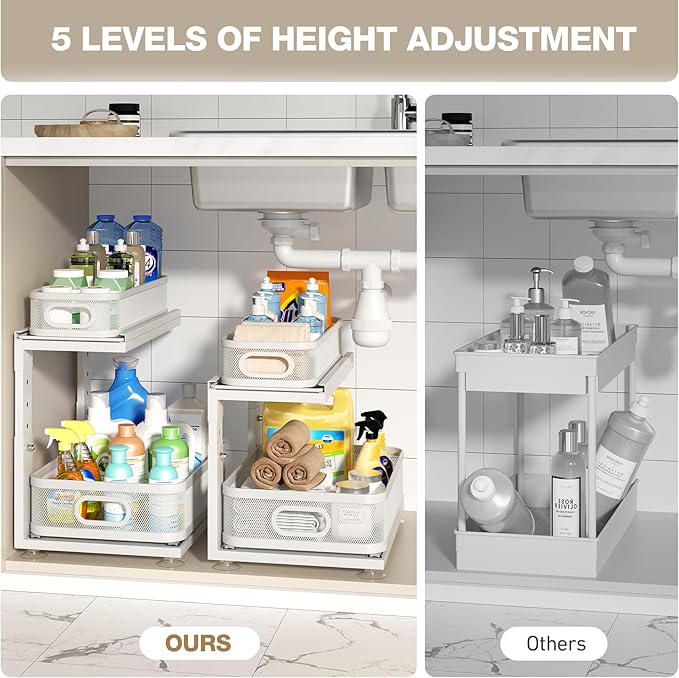 1 Pack 15IN-Depth Under Sink Organizer with Next-Gen Ball-Bearing Slides,2-Tier Precision Mesh Pull Out Cabinet Storage for Bathroom&Kitchen,Height Adjustable Drawers Shelf,Anti-Rust-White