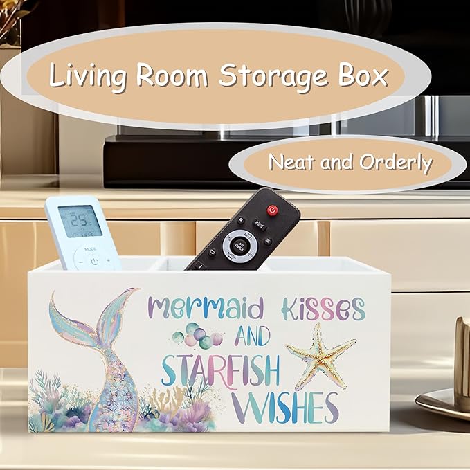 Pastel Mermaid Beach Pen Pencil Holder Organizer for Desk, Mermaid Gifts for Girls Women, Coastal Ocean Starfish Coral Wooden Box Block Sign for Home Classroom Dorm Office Tabletop Decor