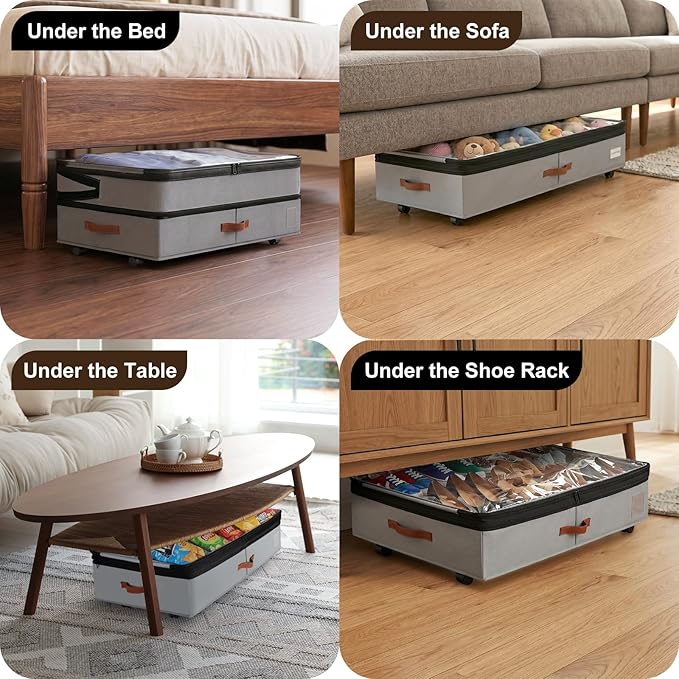 2 Pack Under Bed Storage with Wheels, Adjustable-Height Rolling Storage Containers with Clear Lids, 76L XXL Durable Underbed Organizer Bins for Clothes, Shoes, Blankets, Bedroom, Dorm, Closet - Gray