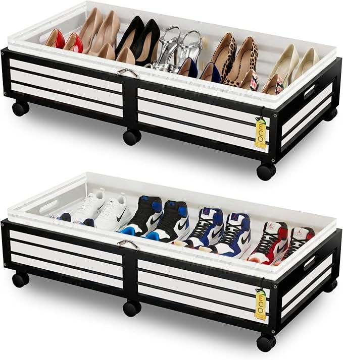 Under Bed Storage Containers with Wheels, Larger Bamboo Wood Under Furniture Storage Containers with Dust Bags๏ผRolling for Shoes Clothes