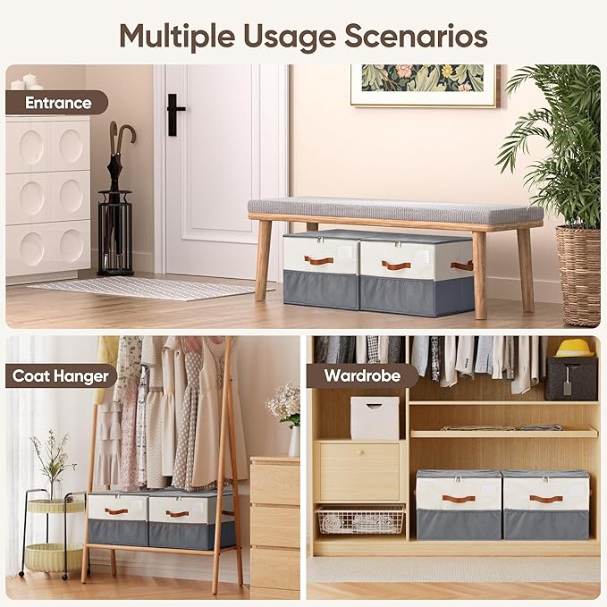 Shoe Organizer for Closet, 1 Pack Shoe Storage Container with Adjustable Dividers, Space Saving Shoe Box Storage Organizer Bin with Clear Lid and 4 Handles, Fits 8-16 Pairs, Beige & Grey