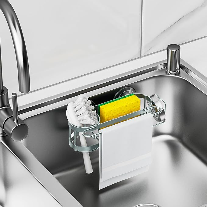 Cisily Kitchen Sink Caddy Sponge Holder in The Sink, Stainless Steel Kitchen Sink Organizer, Brush Holder, Dish Cloth Hanger, Sink Stopper Holder (Suction cup-Sage Green)