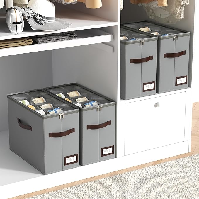 OIAHOMY 4 Pack Shoe Organizer for Closet, Foldable Shoe Storage Bins with Adjustable Dividers, Stackable Oxford Cloth Sneaker Boxes for Entryway Bedroom, Fits Up to 32 Pairs, Grey
