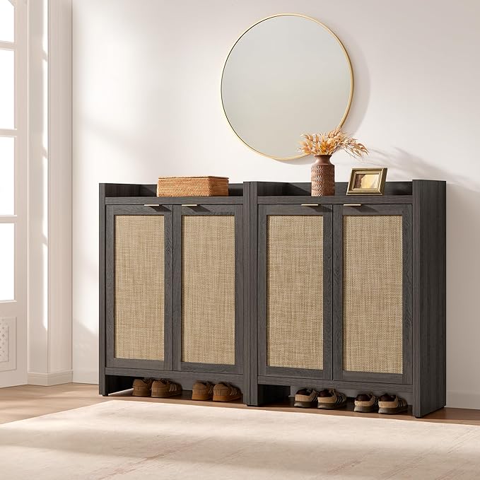SICOTAS Shoe Cabinet Set of 2, Large Capacity Shoe Storage Organizer Cabinet, Tall Rattan Shoe Cabinet with Doors and Shelves, 6-Tier Farmhouse Boho Wooden Storage Cabinet for Entryway, Black Oak