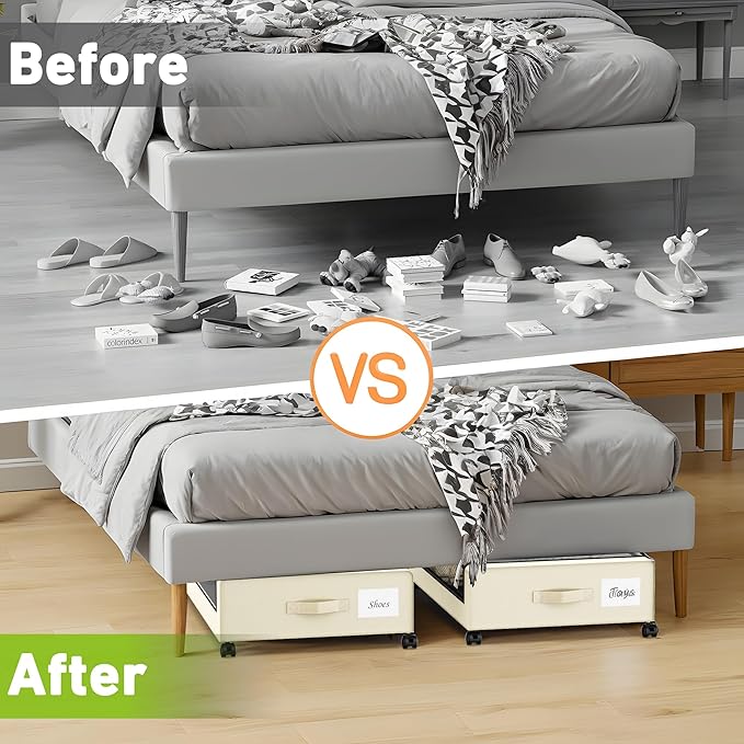 YAASHEEN Under Bed Storage with Wheels, Under the Bed Storage Containers with Clear Lids & Label, Underbed Storage Bins, XXL 60L Rolling Metal Drawer for Clothes, Shoes, Toys, Books (Beige)