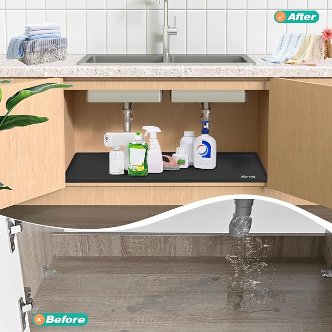 Waterproof Under Sink Mat 34" x 22", Silicone Cabinet Liner, Rubber Protector for Kitchen and Bathroom, Keeps Cabinets Clean, Dry, and Organized (Black)
