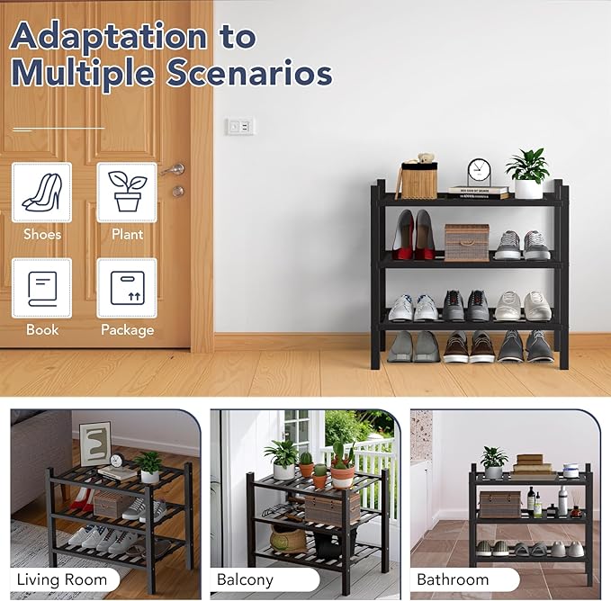 Haddockway Small 3 Tier Bamboo Shoe Rack Storage Organizer, Multifunctional Free Standing Stackable Shoe Shelf with Grid Panel for Closet,Hallway,Entryway,Small Space 18"x11"x17"