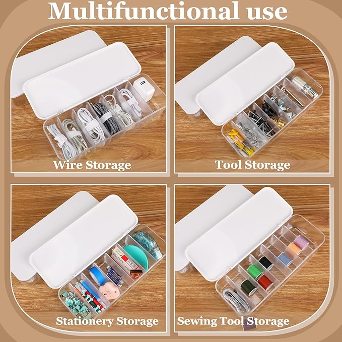 Cable Organizer Box with Lid, 3 Pcs Cable Cord Storage Organizer Box with 21 Wire Ties 54 Cable Labels, 7 Compartments Charger Organizer for Office Drawer Desk Accessories Case