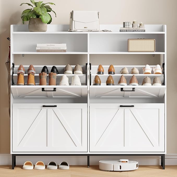 Shoe Cabinet with 4 Flip Drawers, Freestanding Hidden Shoe Storage Organizer for Entryway, Narrow Slim Shoe Rack Cabinet with Open Storage & Hooks for Front Door Entrance, Living Room, Hallway, White