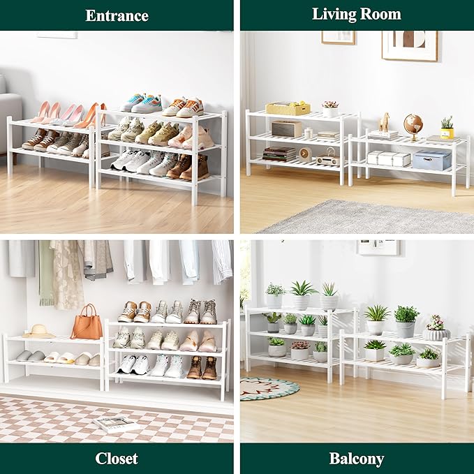 Smiry Bamboo Shoe Rack for Closet, 2 Tier Wooden Shoe Organizer, Stackable Wood Shoe Storage Shelf for Entryway, 14 Vertical Slats, One-piece Heavy-Duty Legs, 26.77"x11.02"x12.99", White