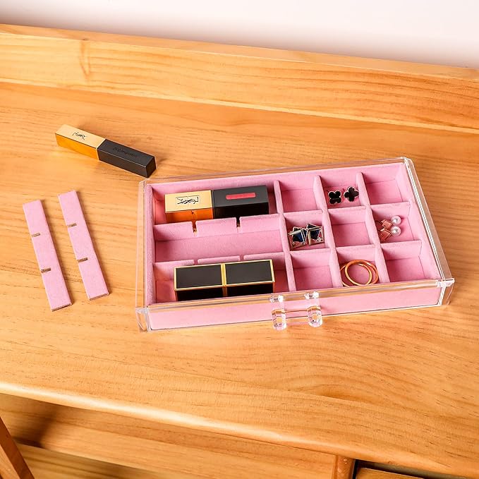 Frebeauty Acrylic Jewelry Organizer Earring Organizer Box with 5 Drawers Earring Holder Organizer with Velvet Trays Clear Jewelry Box for Women Earring Display for Rings StudsPink