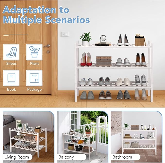 Haddockway Large 3 Tier Bamboo Shoe Rack Storage Organizer, Multifunctional Free Standing Stackable Shoe Shelf with Grid Panel for Closet,Hallway,Entryway,Small Space 27"x12"x21"