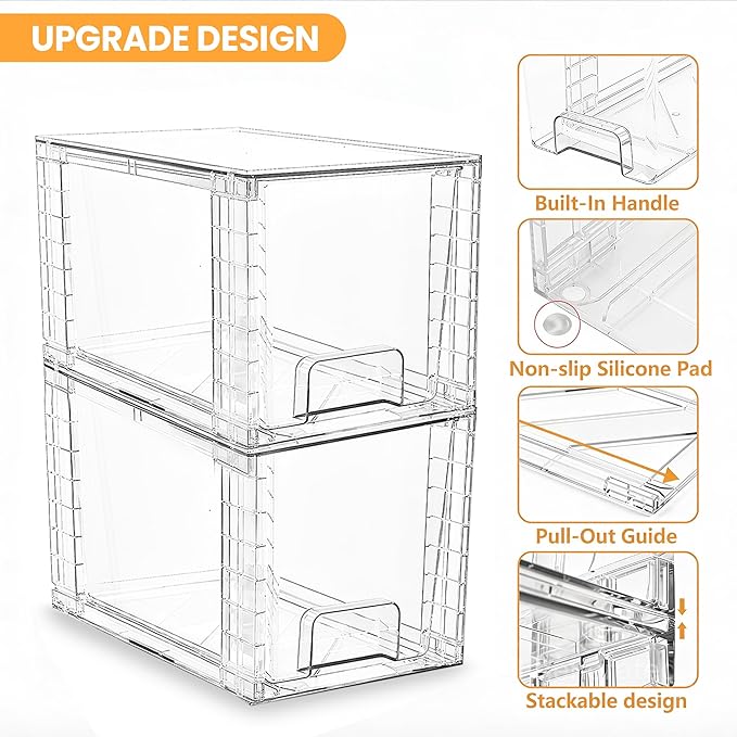 4 Pack Stackable Acrylic Storage Drawers – Clear Plastic Organizer Bins, Easy to Assemble, Suitable for Bathroom, Undersink, Kitchen, Pantry, Makeup, Medicine Organization