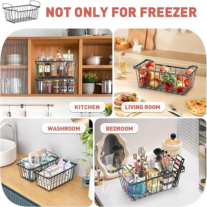 Goovilla Freezer Organizer Bins with Foldable Handle, 8 Pack Stackable Freezer Baskets for 3.5-7 Cu.FT Deep Chest Freezer Organization, Coated Metal Freezer Storage Bins with Better Space Utilization