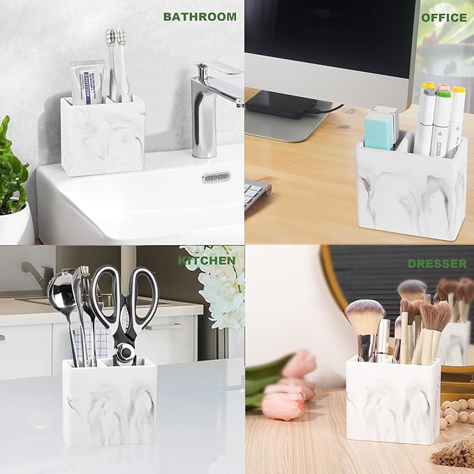 Diatomite Toothbrush Holder 2 Slots Tooth Brush Holder for Bathroom, Kids Electric Toothbrush and Toothpaste Organizer for Countertop, Shower, Vanity, 2 Pack, Marble White
