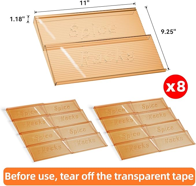 MUDEELA Clear Spice Drawer Organizer, 4 Tier- 4 Set (8 Packs) Spice Rack for Drawer, Expandable From 11" to 22" Kitchen Seasoning Organizers and Storage for Drawer (Jars not included), Amber