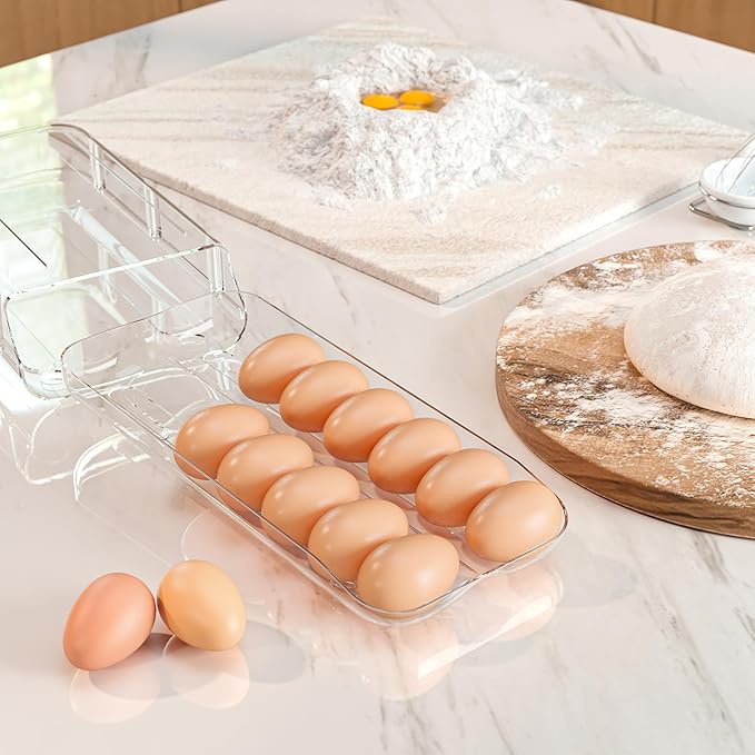 theaoo Egg Holder for Fridge, Automatic Rolling Egg Container for Refrigerator, Clear Plastic Egg Dispenser, Stackable Eggs Organizer with Quick Removable inner Tray For Organizers and Storage, 3 Pack