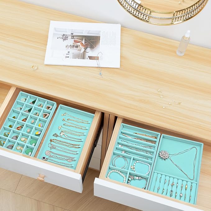 ProCase Stackable Jewelry Organizer Trays for Drawers, Jewelry Drawer Inserts Container Display Case Storage for Earring Necklace Rings Bracelet with Removable Dividers -Blue, 4 Layers