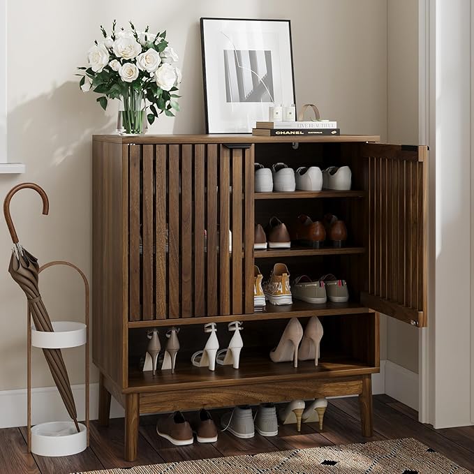 Kiasthome Shoe Storage Cabinet with Adjustable Shelves, Wooden Shoe Organizer, Shoes Rack for Entryway, Hallway, Living Room (Walnut, 27.56" W)