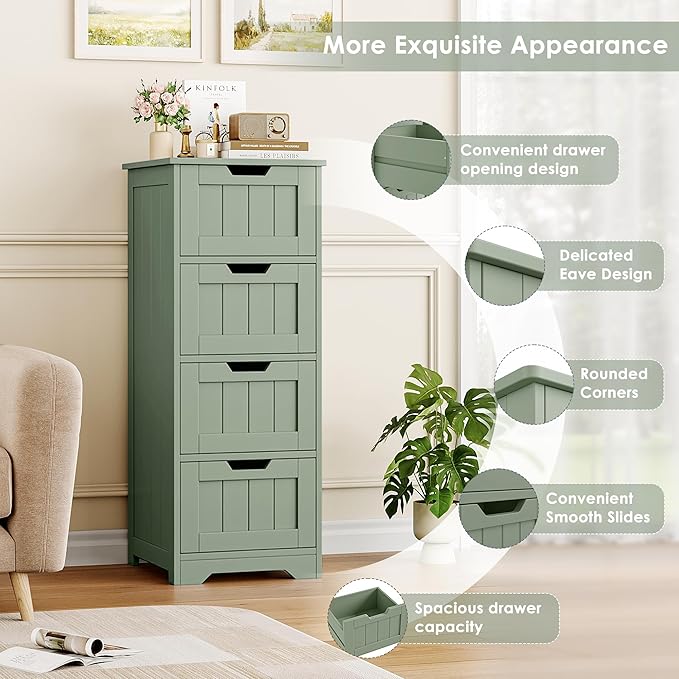 FOTOSOK Bathroom Storage Cabinet Set of 2, Bathroom Cabinet with 4 Drawers, 11.8” x 11.8” x 32.5” Freestanding Entryway Cupboard Storage Organizer Unit Home Furniture Decor, Green