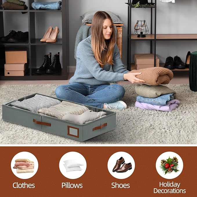 4 Inch Under Bed Storage Containers, 2 Pack Large Underbed Storage Bins w/Clear Lid & Sturdy Sidewall, Foldable Closet Organizer for Dorms, Bedroom, Clothes, Shoes, Bed Sheets, Blankets (Grey)