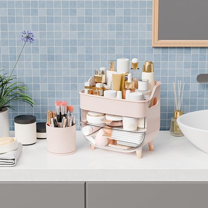 Yieach Pink Make up Organizers for Counter,Vanity and Dresser,Bathroom Makeup Organizer Countertop,Large Makeup Storage Organizer for Hair Tool,Beauty Products,Skin Care and Cosmetic Display Cases