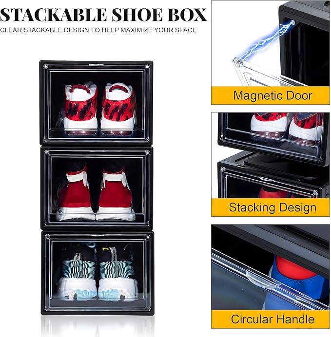 MMBABY 12 Pack Acrylic Black Shoe Boxes– Ultra Plastic Stackable Sneaker Storage For Sneakerhead. Professional Grade Shoe Display Case with Clear Magnetic Door.Fits US Size 15