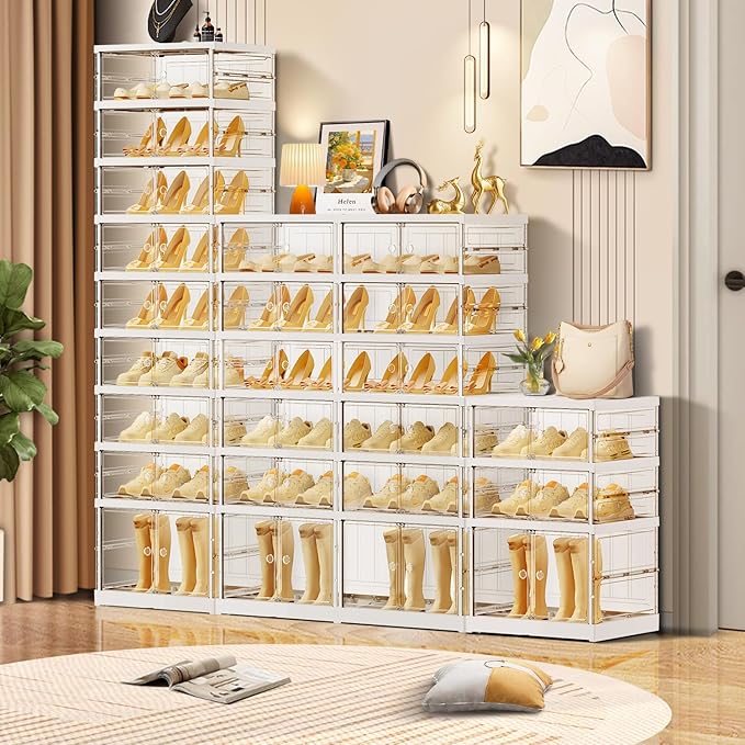 CIMLORD 6-Tier Foldable Shoe Rack for Closet Entryway 6-12Pairs,Stackable Clear Shoe Storage Boxes Organizer with Door Plastic Small Shoe Cabinet Bins with Lids Shoes Shelf Easy Assembly White
