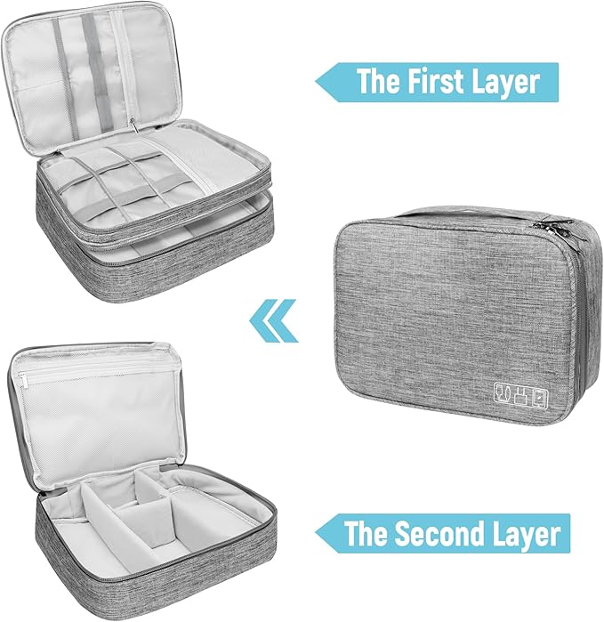 Lcsmaokin Electronics Travel Organizer,Large Double Layer Portable Waterproof Travel Organizer Bag for Charging Cable Storage,Ipad,Power Bank,Hard Drive etc,for Travel,Business,5pcs Cable Ties-Grey