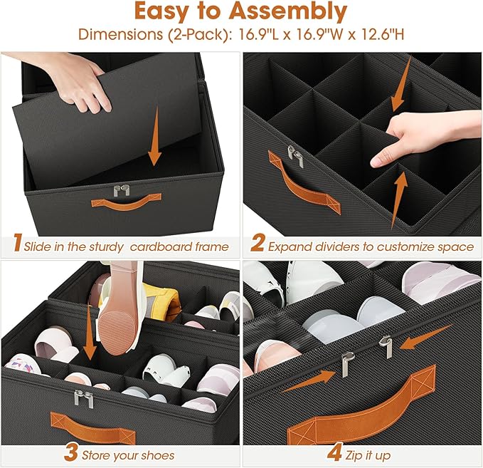 4-PackShoe Organizer for Closet, Foldable Shoe Storage Box with Adjustable Dividers & Clear Cover, Fits 32 Pairs, Black, Durable and Space-Saving