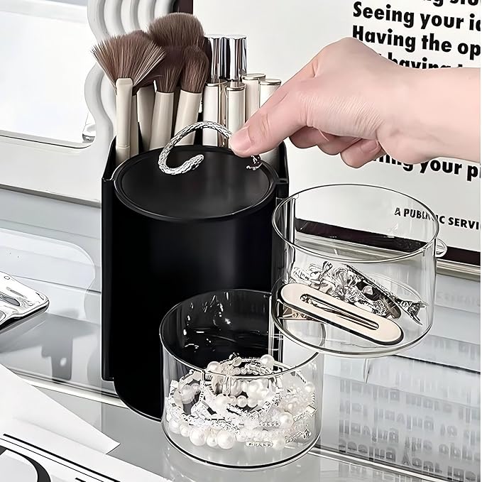 Azurphoric Hair Accessories Organizer with Hair Brush Holder, Black, 2-Layer