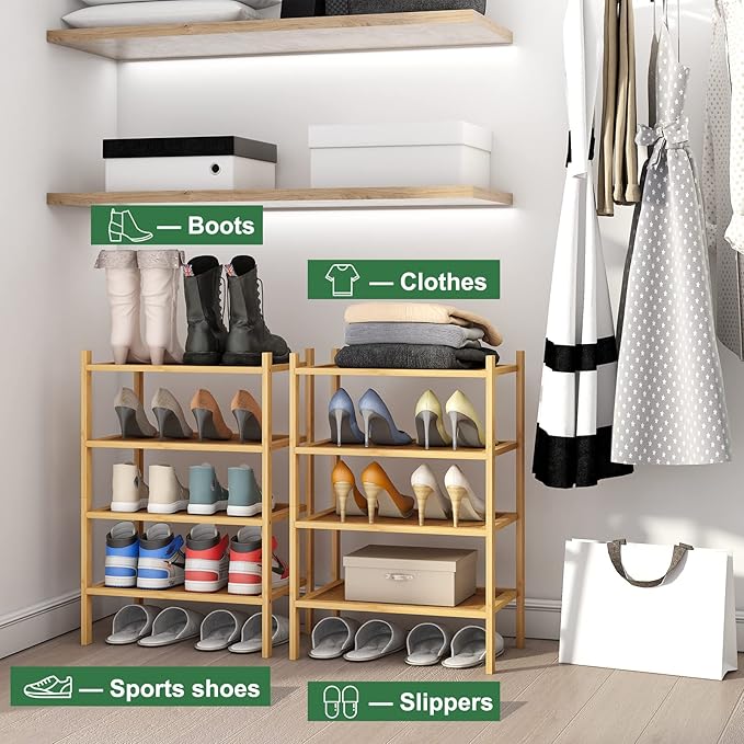 kiplant Small Shoe Rack, 4-Tier Bamboo Wood Shoe Rack for Entryway, Stackable Shoe Organizer for Hallway Closet, Free Standing Shoe Racks for Indoor & Outdoor