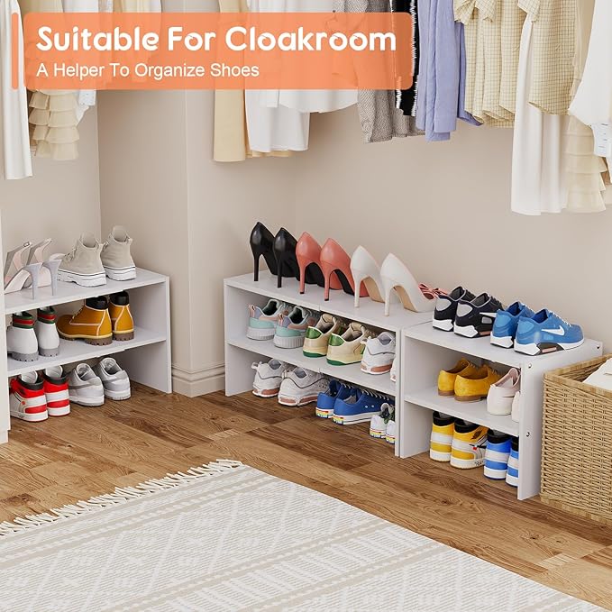 2-Tier Expandable White Shoe Rack Organizer for Closet
