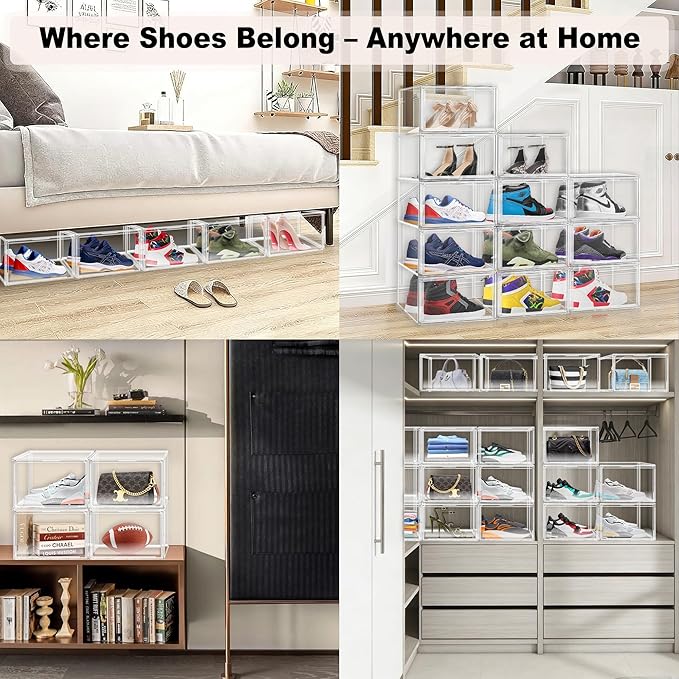 5 Pack Acrylic Shoe Box Size 14, Clear Plastic Stackable Sneaker Shoe Display Case Transparent Storage Bins Handbag Organizer Containers with Magnetic Lids, Figures Collectibles Showcase