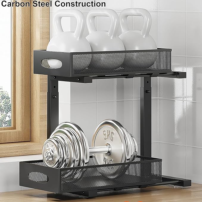 1 Pack Under Sink Pull Out Organizer, 2-Tier Adjustable Height Carbon Steel Storage Rack for Kitchen and Bathroom Cabinet, Black