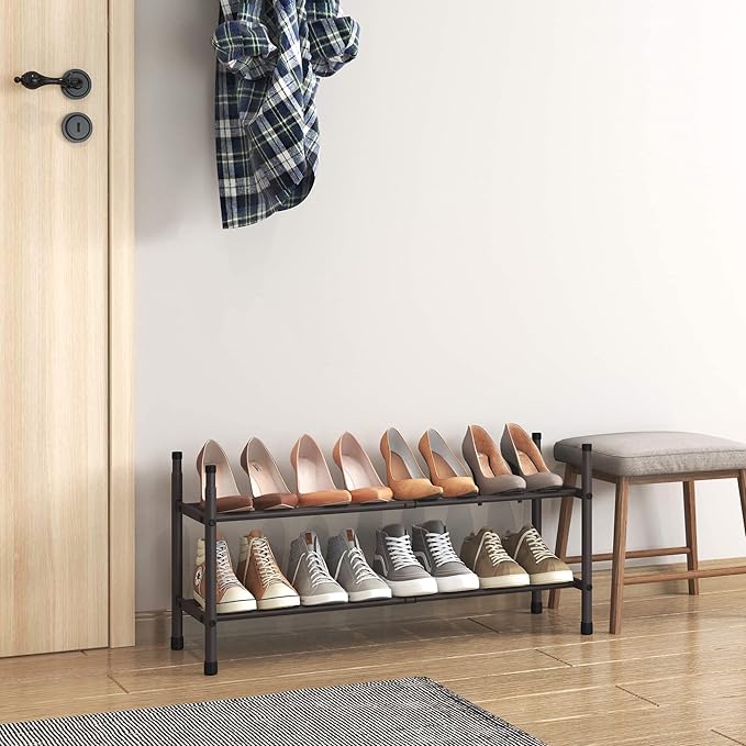 TZAMLI 2-Tier Expandable Metal Shoe Rack for Closet, Stackable Shoe Organizer Adjustable Shoe Storage Small Shoe Shelf for Entryway Entrance, 17.2"-30" x 9" x 14" Inch Brown