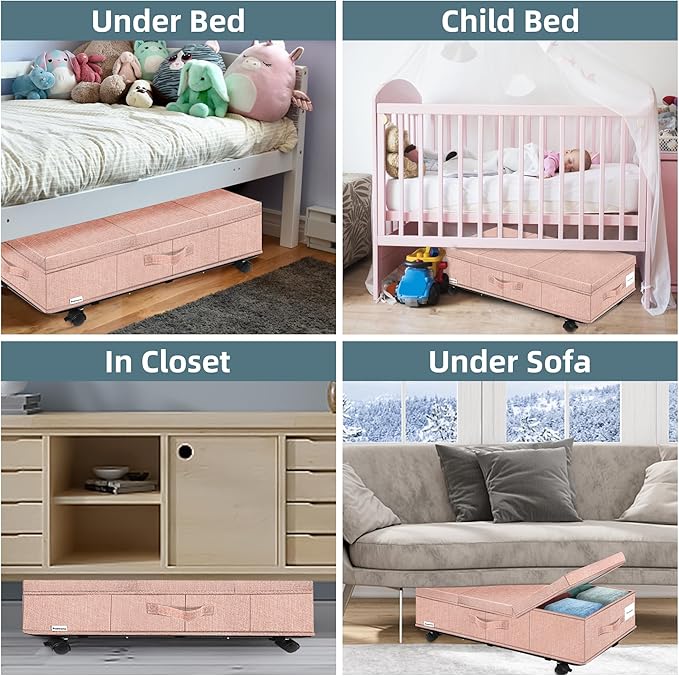 Supowin Under Bed Storage with Wheels, Rolling Underbed Storage Containers with Lids, Under Bed Shoe Storage Bins Organizer with Reinforced Metal Bottom Support and Three Handles